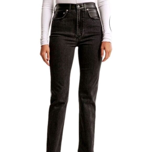 abercrombie fitch Ankle Straight Ultra High Rise  Black Leather Denim jeans - Picture 1 of 9